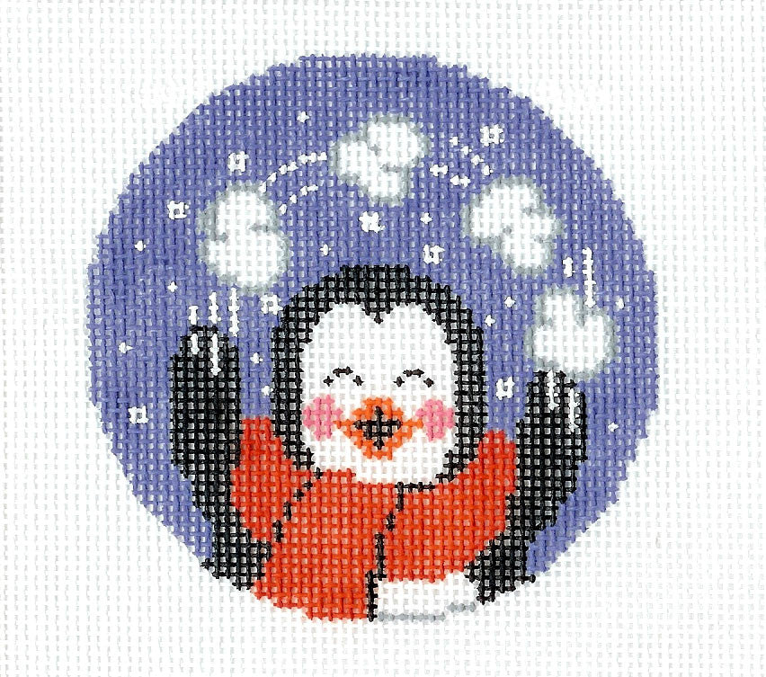Round~LEE Penguin with Snowballs handpainted Needlepoint Canvas 3" Rd. Ornament Insert