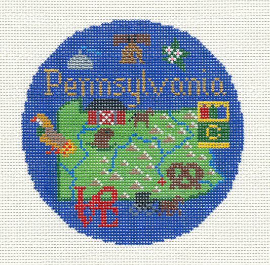 Travel Round ~ PENNSYLVANIA 18 Mesh handpainted 4.25" Rd. Needlepoint Canvas by Silver Needle