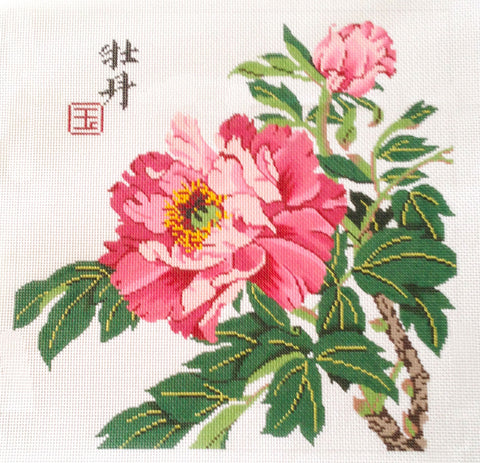 Floral Canvas ~ Oriental Pink  and Rose Peony 14 x 14 on 12 mesh handpainted Needlepoint Canvas by LEE