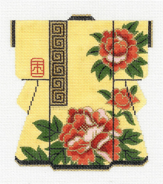 Kimono~ LEE Elegant Oriental Peony on Yellow Medium Kimono handpaint Needlepoint Canvas