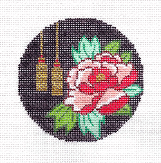 3" Round ~ Oriental Peony & Gold Tassels handpainted 18 Mesh Needlepoint Canvas 3" Rd. by LEE