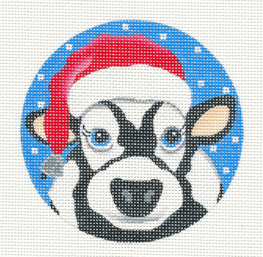 Christmas Round ~ Santa Cow 18 Mesh handpainted 18 Mesh 4" Rd. Needlepoint Ornament Canvas by Pepperberry