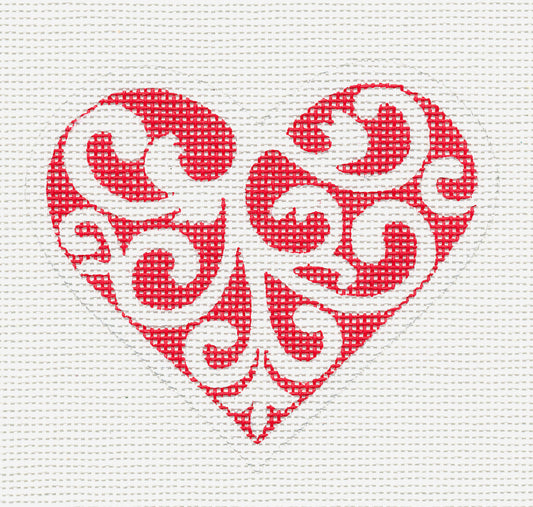 Heart ~ Red and White Scroll Heart on 18 Mesh handpainted Needlepoint Canvas by Pepperberry