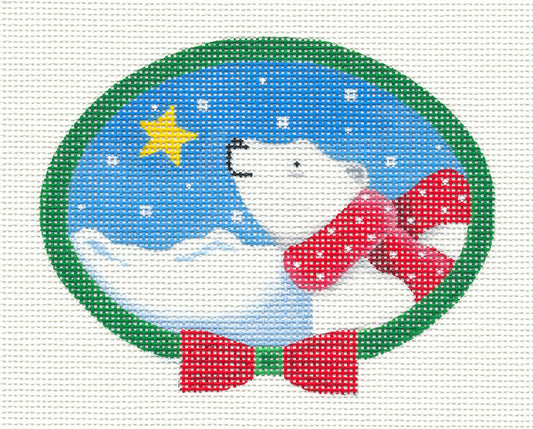 Oval ~ Polar Bear with Red Scarf Oval-18 Mesh handpainted Needlepoint Canvas by Pepperberry