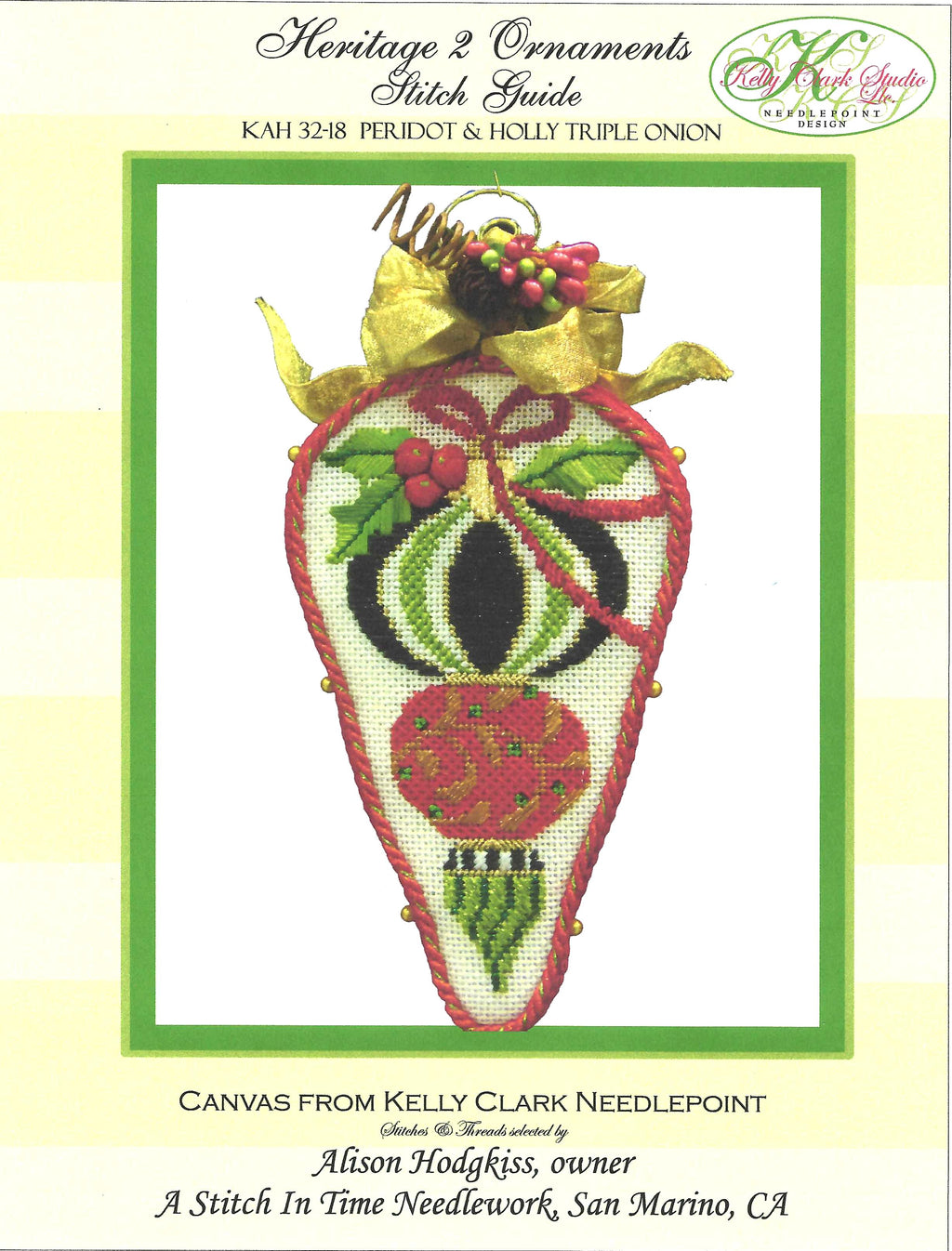 Christmas ~ Peridot Green, Red & Black Triple Onion Ornament with Holly & STITCH GUIDE handpainted Needlepoint Canvas by Kelly Clark