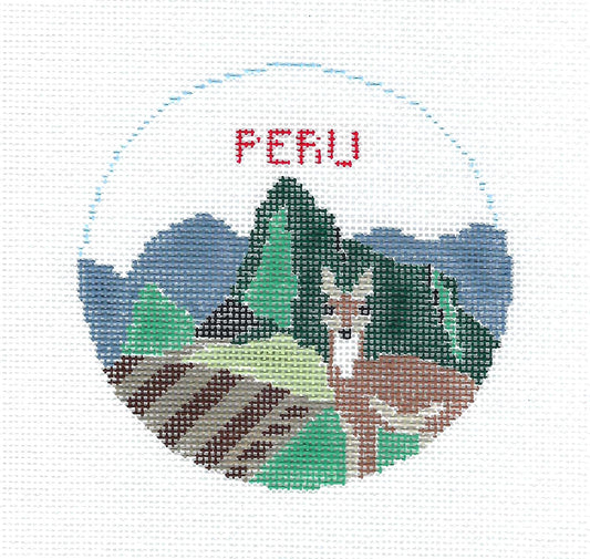Travel ~ COUNTRY of PERU 4" Round handpainted Needlepoint Canvas ornament by Kathy Schenkel