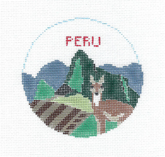 Travel ~ COUNTRY of PERU 4" Round handpainted 18 Mesh Needlepoint Canvas ornament by Kathy Schenkel
