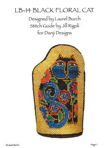 Laurel Burch ~ Handpainted Black Floral Cat & STITCH GUIDE 18 Mesh Needlepoint Canvas from Danji