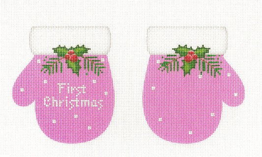 Christmas ~ Baby Girl's First Christmas ~ 2 Sided ~ Pink Mittens handpainted Needlepoint Ornament Canvas by Pepperberry