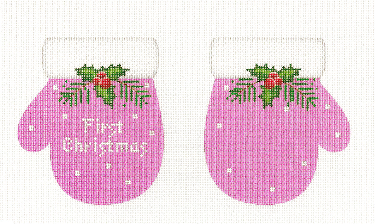 Baby's ~ Baby Girl's First Christmas Mittens ~ 2 Sided ~ Pink Mittens handpainted Needlepoint Ornament Canvas by Pepperberry