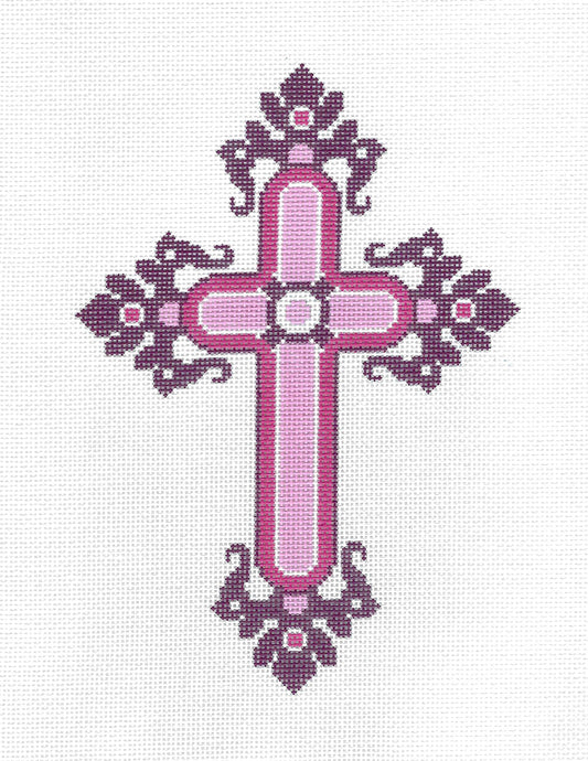 Cross ~ Elegant 7" Tall PINK, BURGUNDY & WHITE CROSS handpainted Needlepoint Canvas by LEE