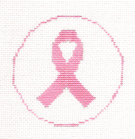LG.  Pink Ribbon of Hope 5" Round handpainted 13 mesh Needlepoint Canvas Ornament by LEE