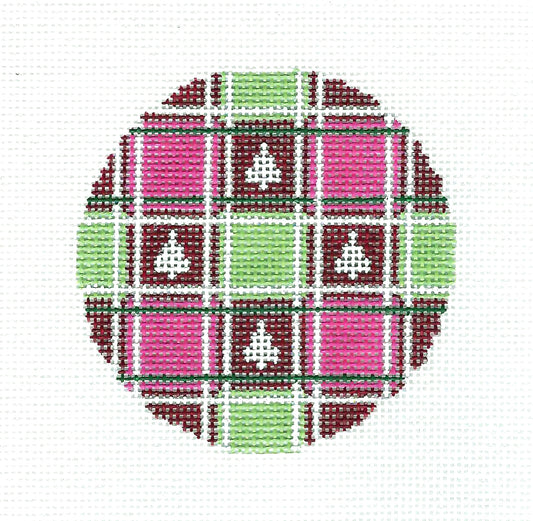 3" Round ~ Cranberry and Green Plaid with White Trees  3" Round Ornament handpainted Needlepoint Canvas by Needle Crossings