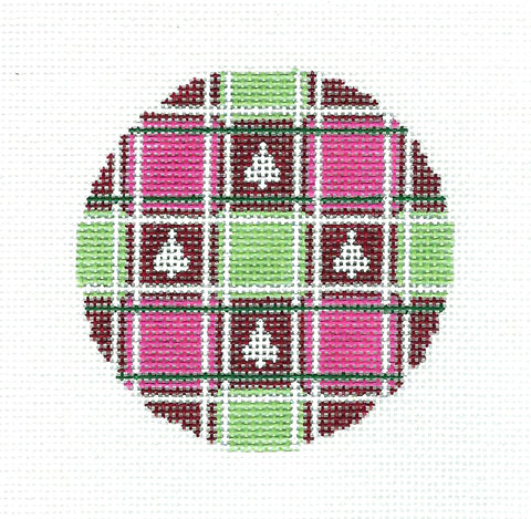 3" Round ~ Cranberry and Green Plaid with White Trees  3" Round Ornament handpainted Needlepoint Canvas by Needle Crossings
