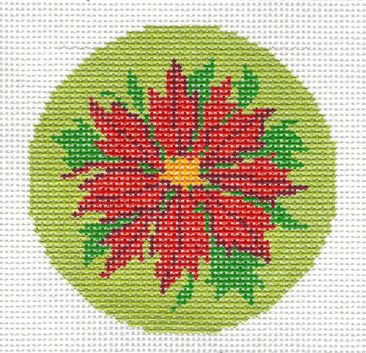 Round ~ Red Poinsettia on a Green Background 18 mesh handpainted Needlepoint Canvas 3" Rd. Insert by LEE