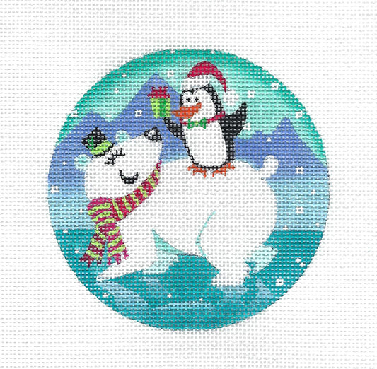 Polar Bear & Penguin with Gift handpainted 18 mesh 4" Needlepoint Canvas by Alice Peterson