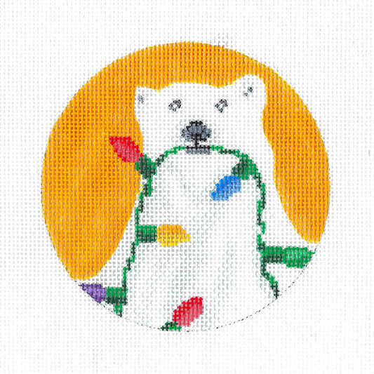Christmas ~ Polar bear with Christmas Lights handpainted 4" Rd. Needlepoint Canvas by Scott Church