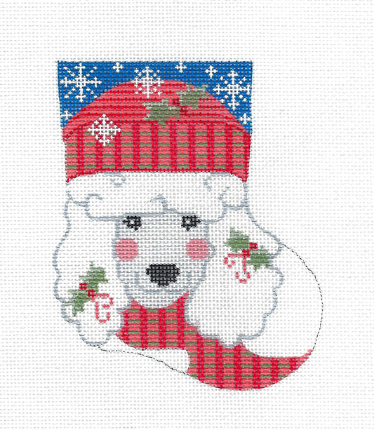 Dog Mini Stocking ~ White Poodle Wearing a Hat Mini Stocking Ornament handpainted Needlepoint Canvas from Danji by CH Designs