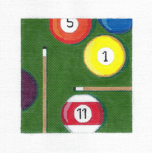 Sports ~ Game of Pool with Cues & Balls 5" Square handpainted Needlepoint Canvas by Raymond Crawford