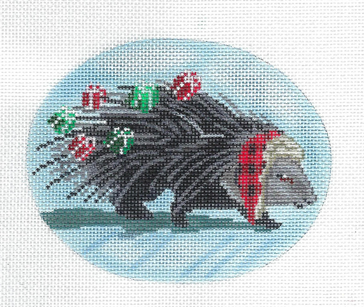 Oval ~ Porcupine with Gifts handpainted Oval Needlepoint Canvas by Scott Church