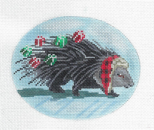Oval ~ Porcupine with Gifts handpainted Oval Needlepoint Canvas by Scott Church