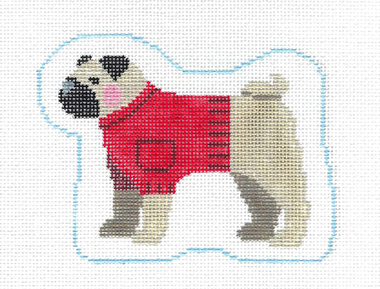 Dog Canvas ~ Pug Dog in a Red Sweater handpainted Needlepoint Canvas Ornament by Kathy Schenkel