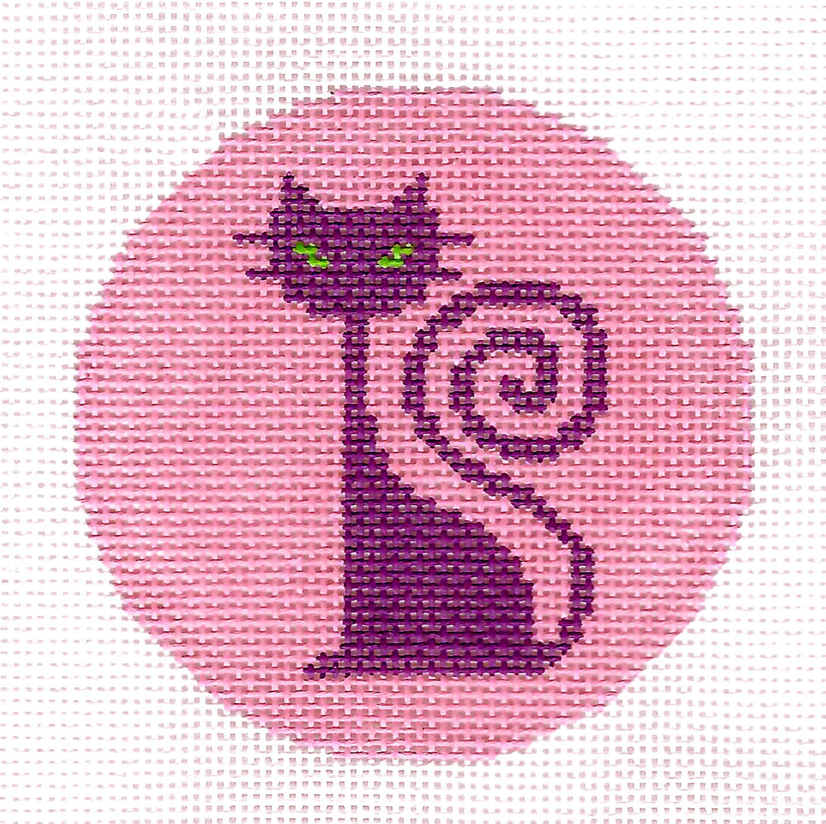 Cat canvas ~ Purple Cat on Pink 3" Rd. handpainted 18 Mesh Needlepoint Canvas Ornament or Insert by LEE
