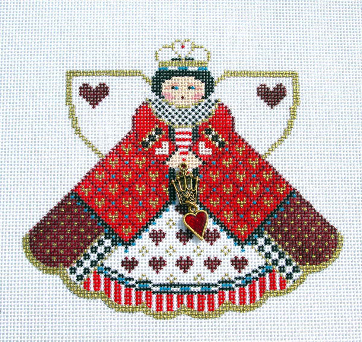 Angel ~ Queen of Hearts Angel with Extensive STITCH GUIDE and Charms handpainted 18 Mesh Needlepoint Ornament by Painted Pony