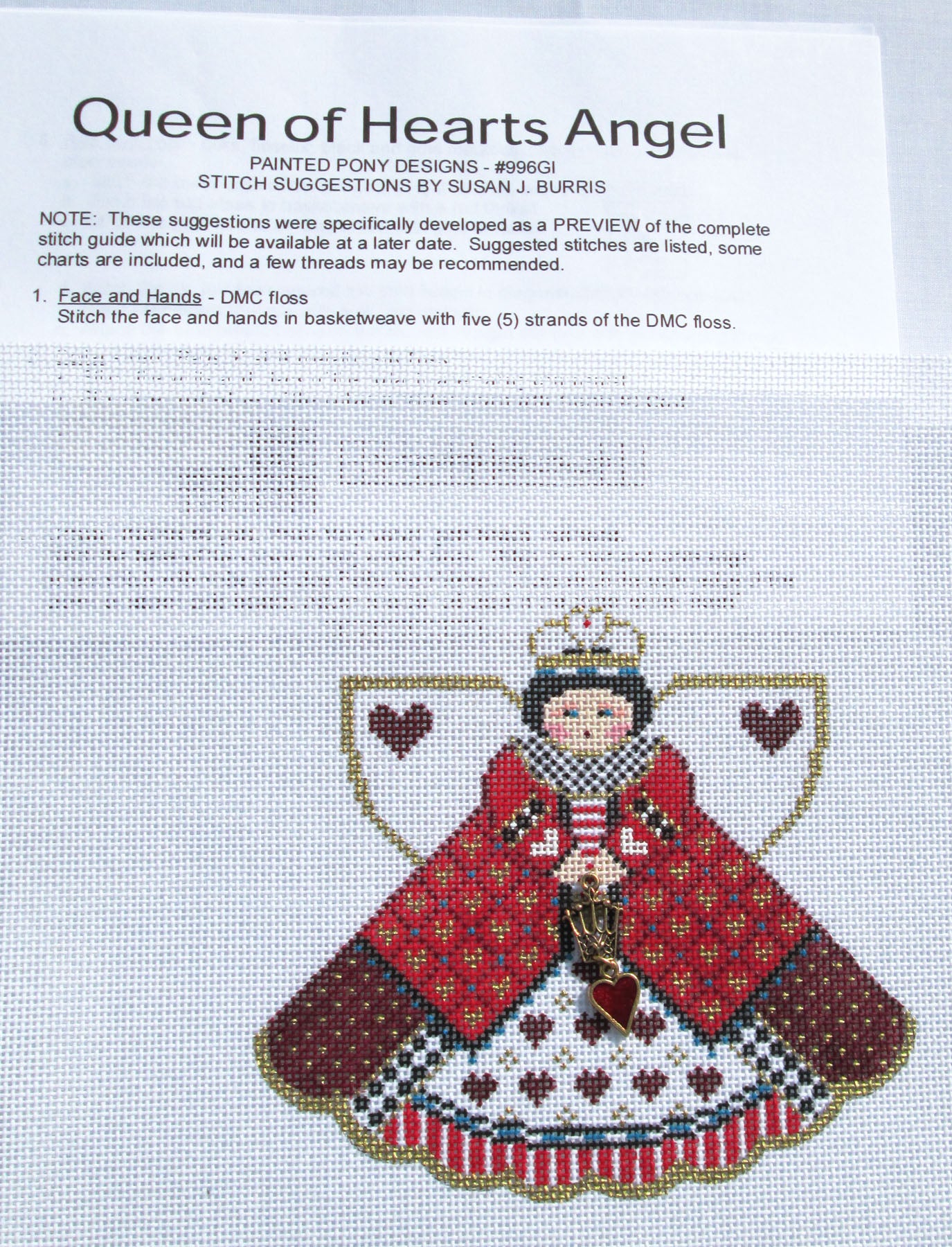 Angel ~ Queen of Hearts Angel, Charms & STITCH GUIDE handpainted Needlepoint Ornament by Painted Pony