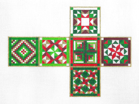 Christmas Cube ~ Christmas Quilt Patches CUBE 3-D Ornament handpainted Needlepoint Canvas by Susan Roberts