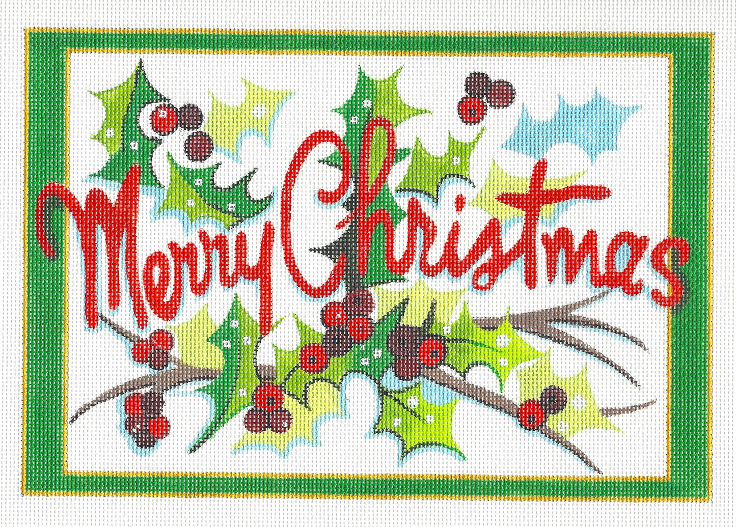 Christmas ~ MERRY CHRISTMAS Holly & Berries handpainted LG. Needlepoint Canvas by Raymond Crawford
