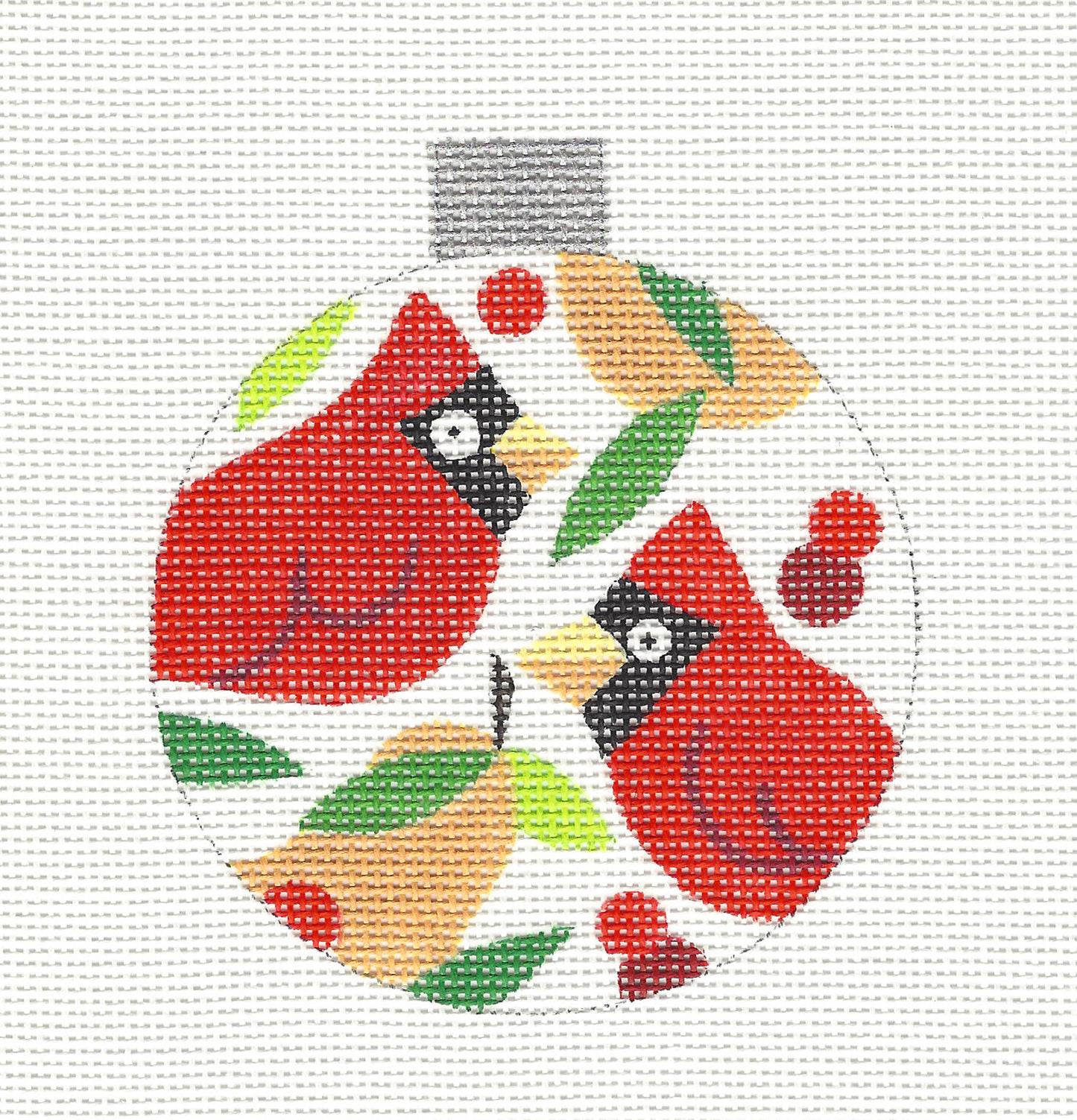 Round~ Two Cardinals Ornament handpainted Needlepoint Canvas by Raymond Crawford