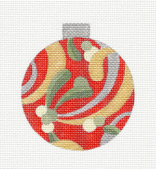 Christmas Round ~ Mistletoe on Red with Gold Ornament handpainted Needlepoint Canvas by Raymond Crawford