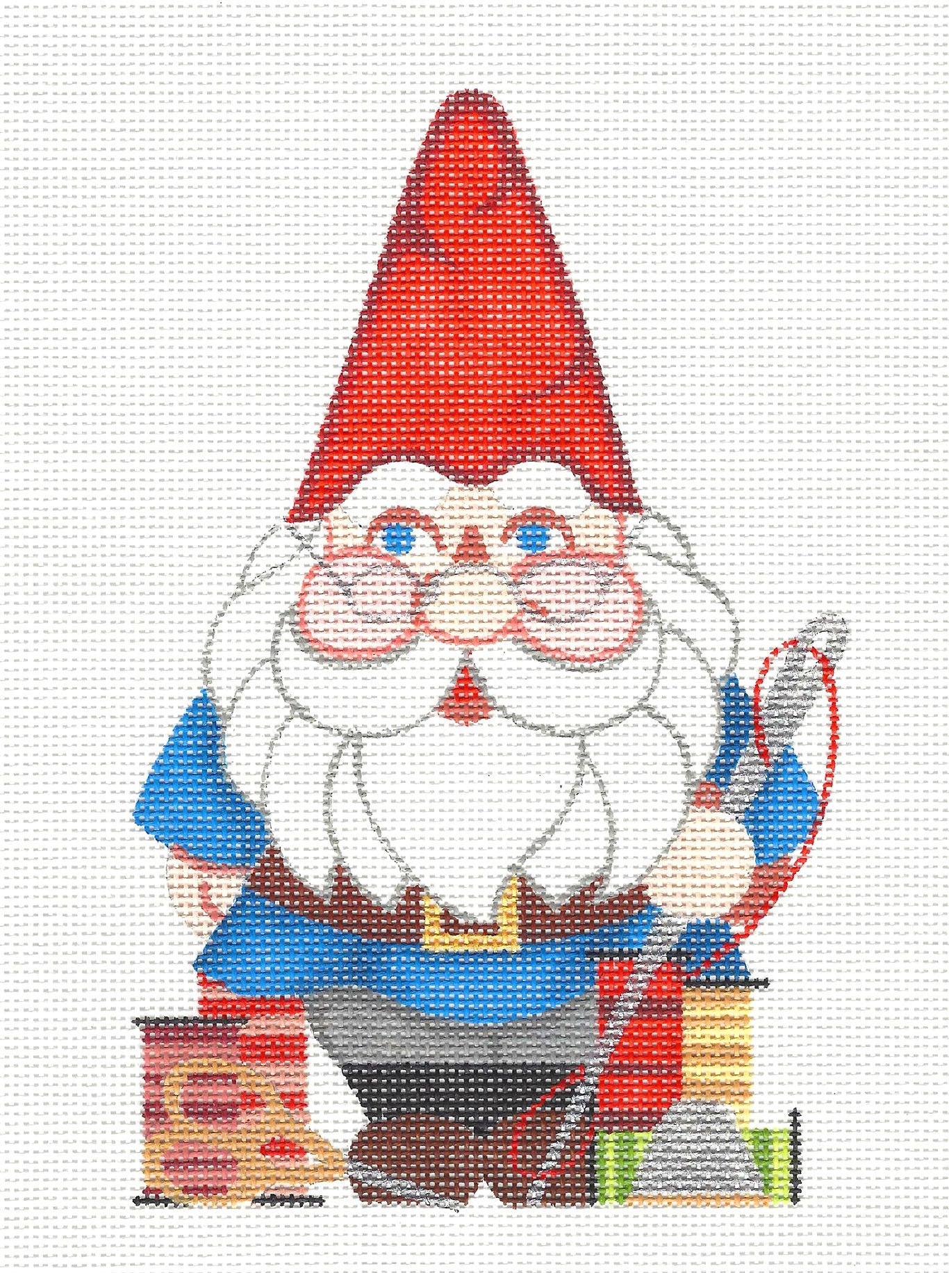 Gnome Canvas ~ Stitching Gnome with Tools handpainted Needlepoint Canvas by Raymond Crawford