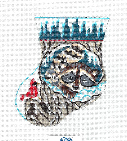 Mini Stocking ~ Woodland Raccoon & Cardinal Mini Stocking on Hand Painted Needlepoint Canvas by Kamala from JulieMar
