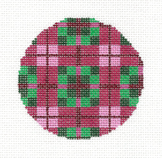 3" Round ~ Cranberry & Green Plaid  3" Round Ornament handpainted Needlepoint Canvas by Needle Crossings