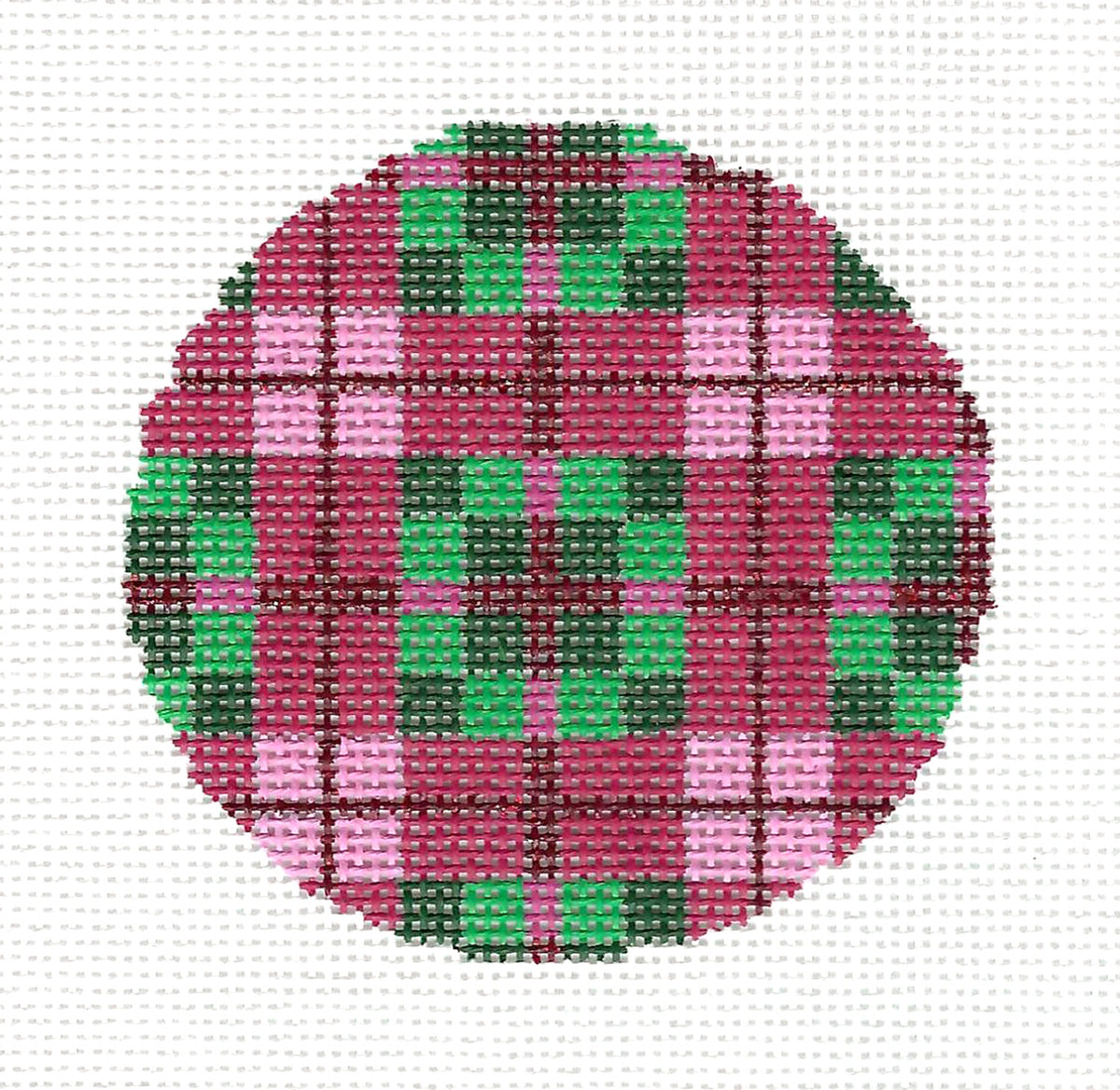 3" Round ~ Cranberry & Green Plaid  3" Round Ornament 18 Mesh handpainted Needlepoint Canvas by Needle Crossings