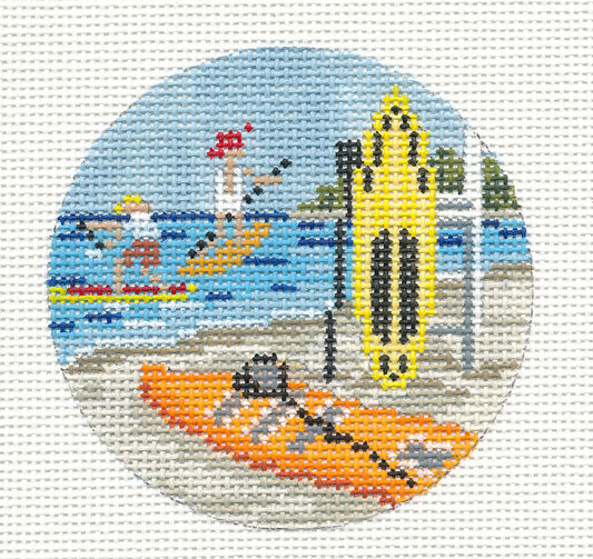 Round ~ Paddle Board Sports Ornament 3" Rd. 18 mesh handpainted Needlepoint Canvas by Needle Crossings