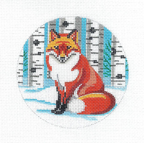 Animal Round ~ Red Fox in Snow Handpainted 4" Needlepoint Canvas by Alice Peterson