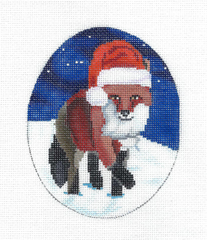 Fox canvas ~ Red Fox in a Santa Hat Oval handpainted Needlepoint canvas by Scott Church