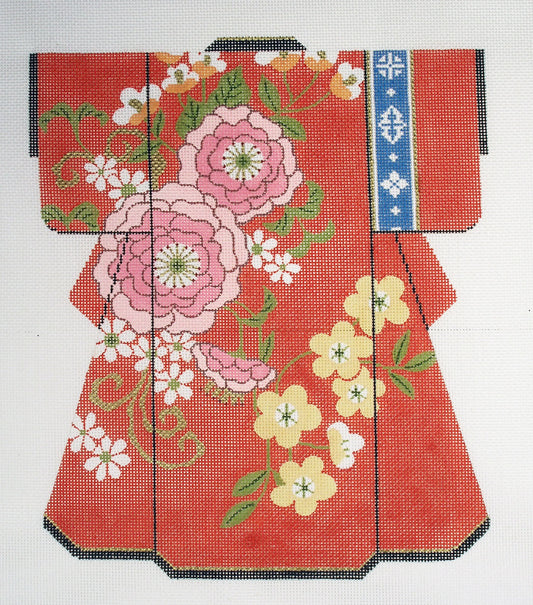 Kimono ~ Oriental LG. Kimono Chrysanthemums on Red handpainted HP Needlepoint Canvas by LEE