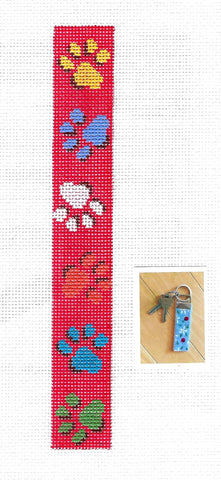 Key Tag ~ PAW PRINTS on RED Key Tag Fob Kit handpainted Needlepoint Canvas by Susan Roberts