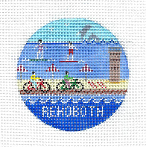 Travel round ~ Rehoboth, Delaware handpainted Needlepoint 4" Rd. Ornament by Doolittle