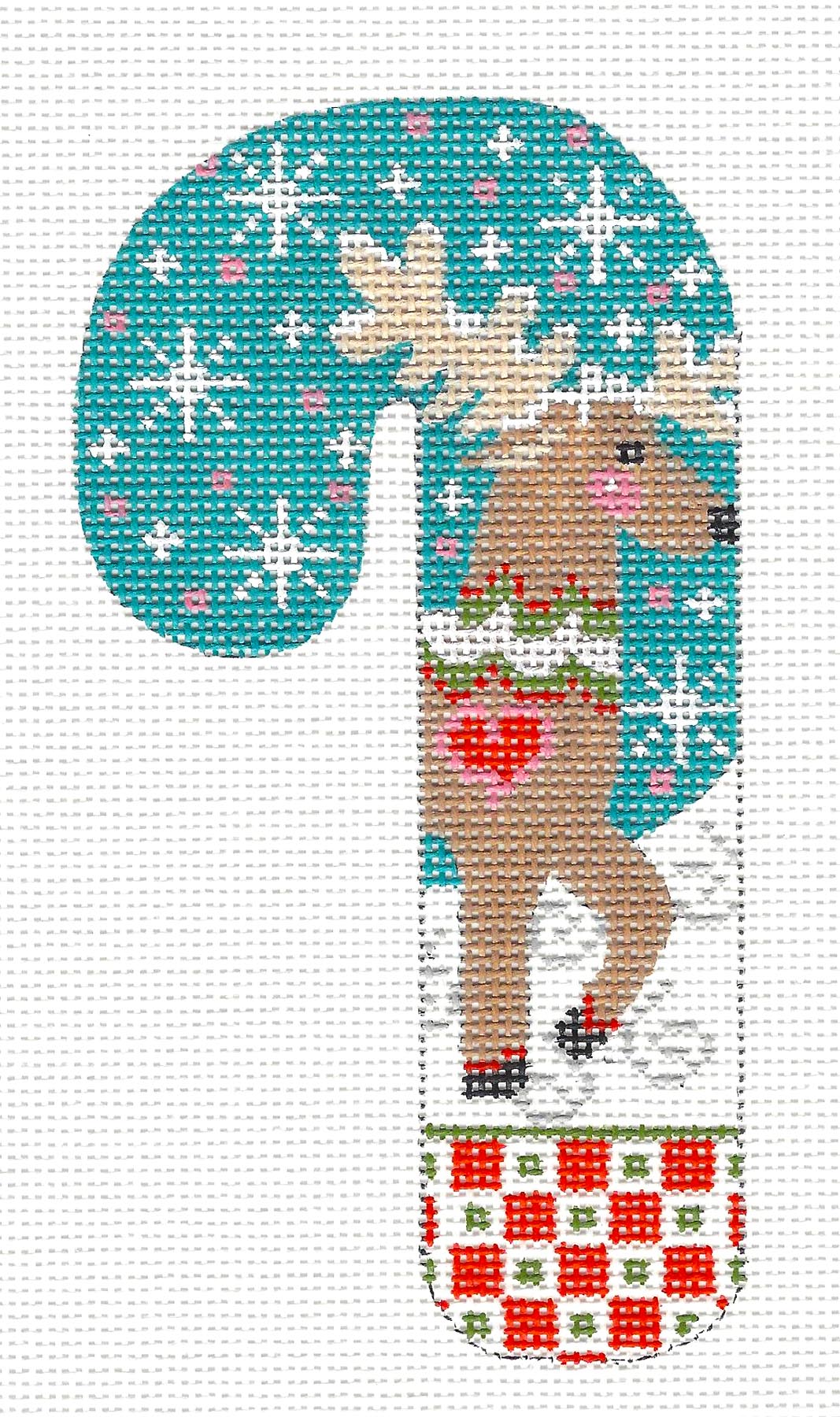 Medium Candy Cane ~ Christmas Reindeer with Snowflakes and STITCH GUIDE Needlepoint Canvas By Danji