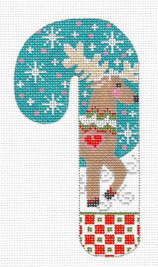 Medium Candy Cane ~ Christmas Reindeer with Snowflakes and STITCH GUIDE Needlepoint Canvas By Danji