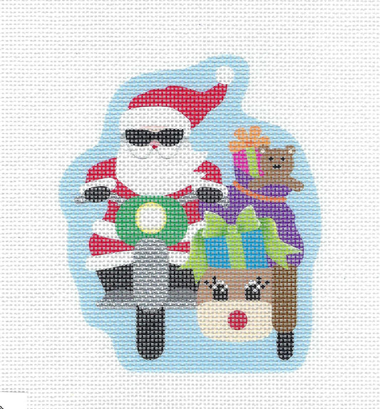 Christmas ~ Santa with a Reindeer Sidecar filled with Gifts handpainted Needlepoint Ornament by Pepperberry