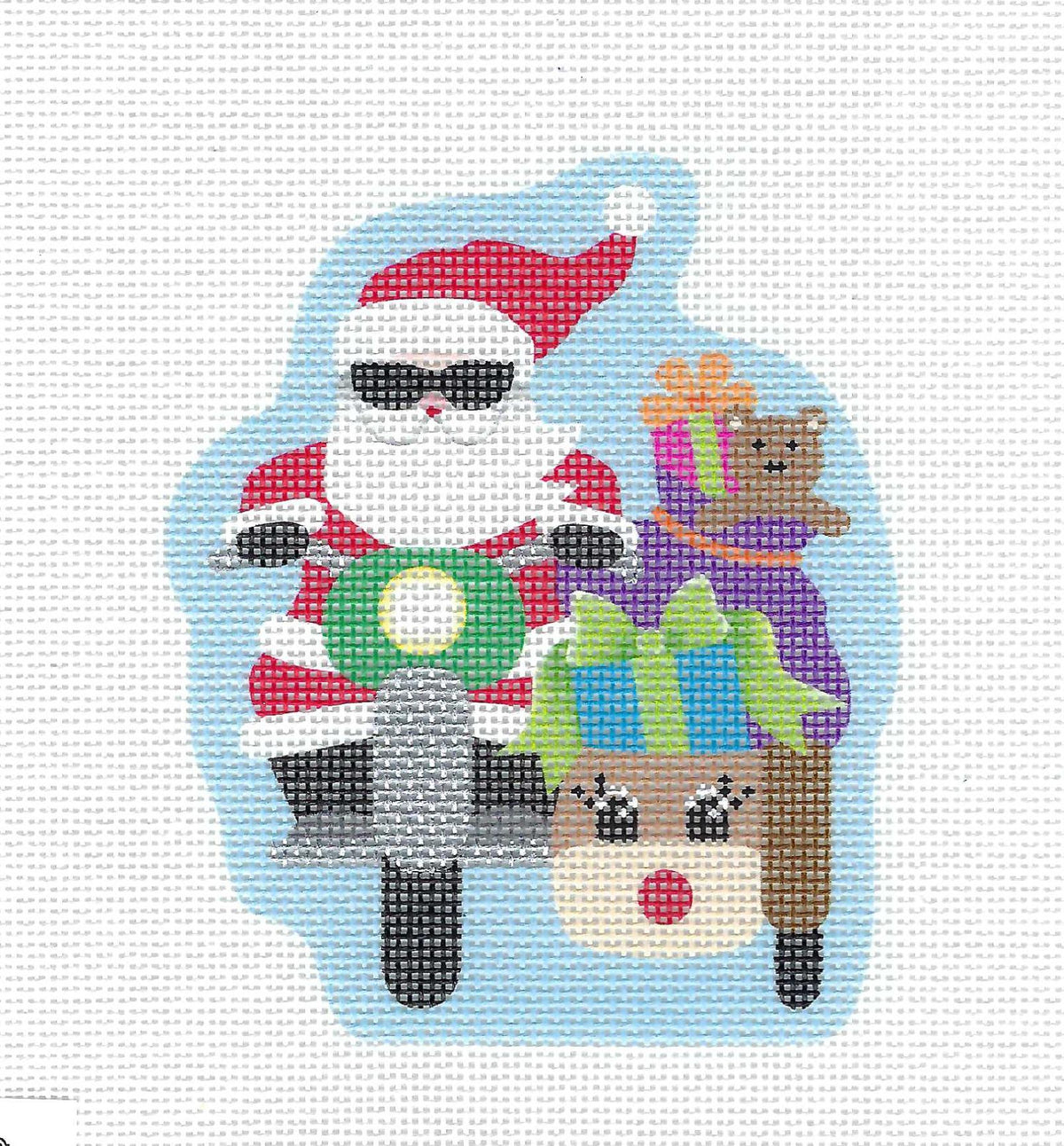 Christmas ~ Santa with a Reindeer Sidecar filled with Gifts 18 Mesh handpainted Needlepoint Ornament by Pepperberry