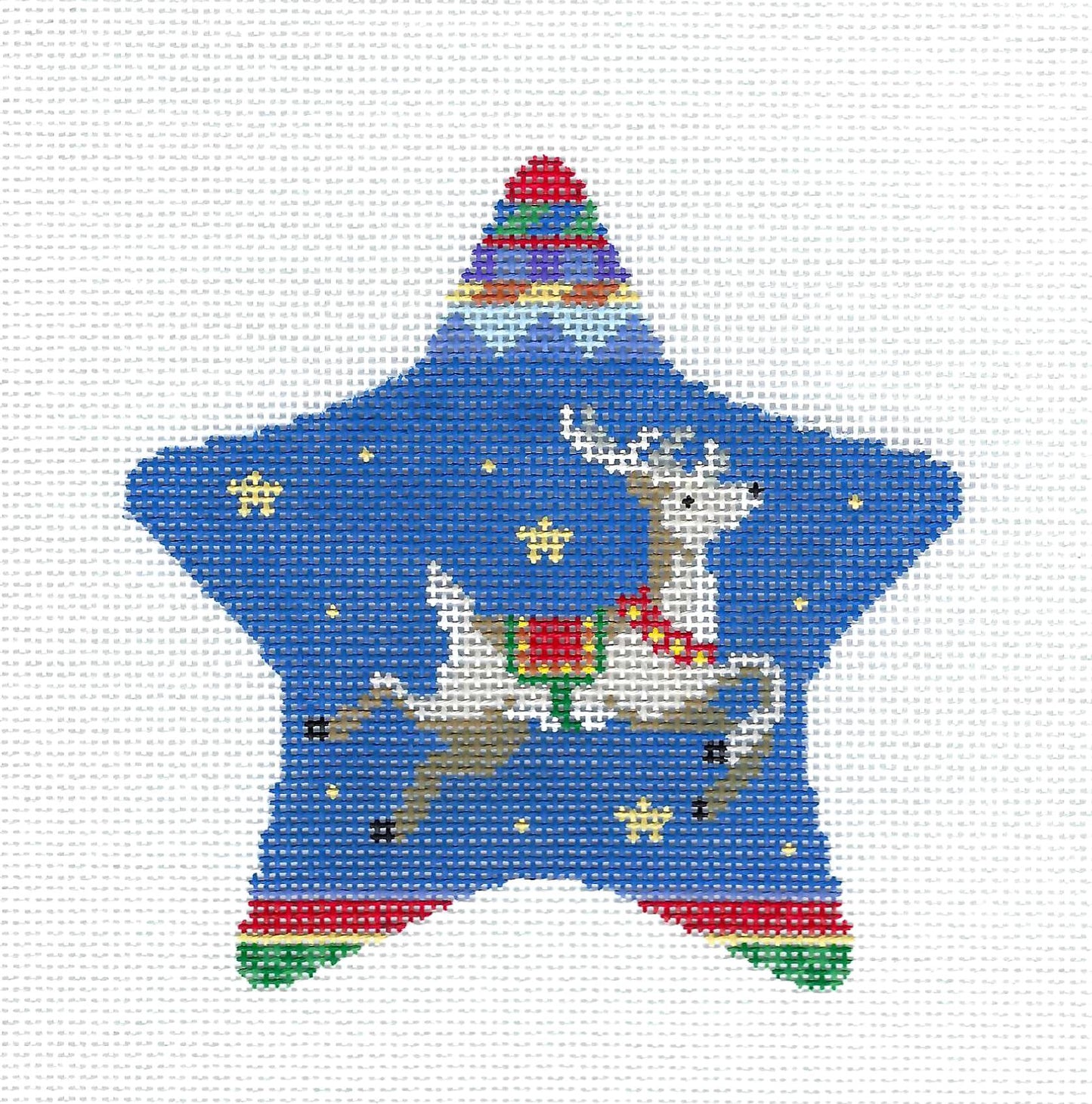 Flying Reindeer STAR Ornament handpainted Needlepoint Canvas by Susan Roberts