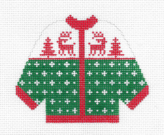 Sweater ~ 2 Reindeer in Red KNITTED CARDIGAN SWEATER handpainted 13 Mesh Needlepoint Canvas Silver Needle