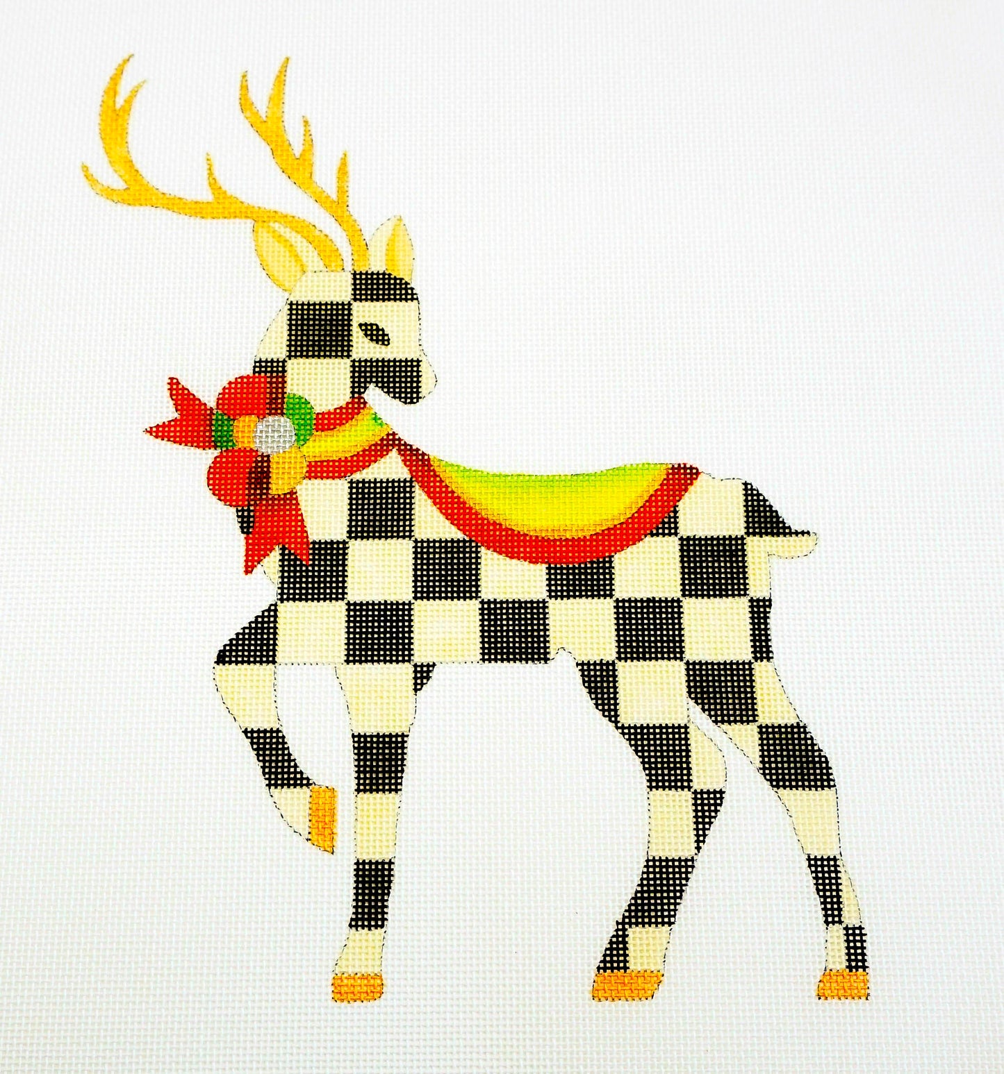 Christmas Canvas ~ Standing Black & White Checked Reindeer handpaint Needlepoint Canvas Raymond Crawford